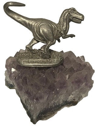 Pewter T Rex on Amethyst: A 3.1-Inch Fusion of Prehistoric Majesty and Crystal Elegance
