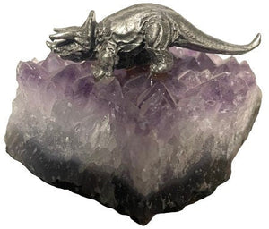 Pewter Dinosaur on Amethyst: A 2.1-Inch Fusion of Prehistoric Majesty and Crystal Elegance